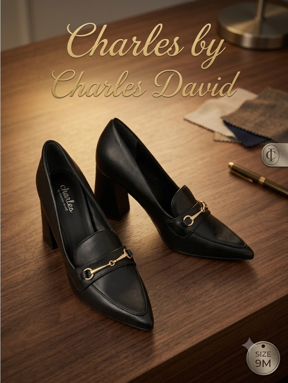 CHARLES DAVID Amity LoaferStyle BlockHeel Black Pump Gold Hardware PointedToe 9M